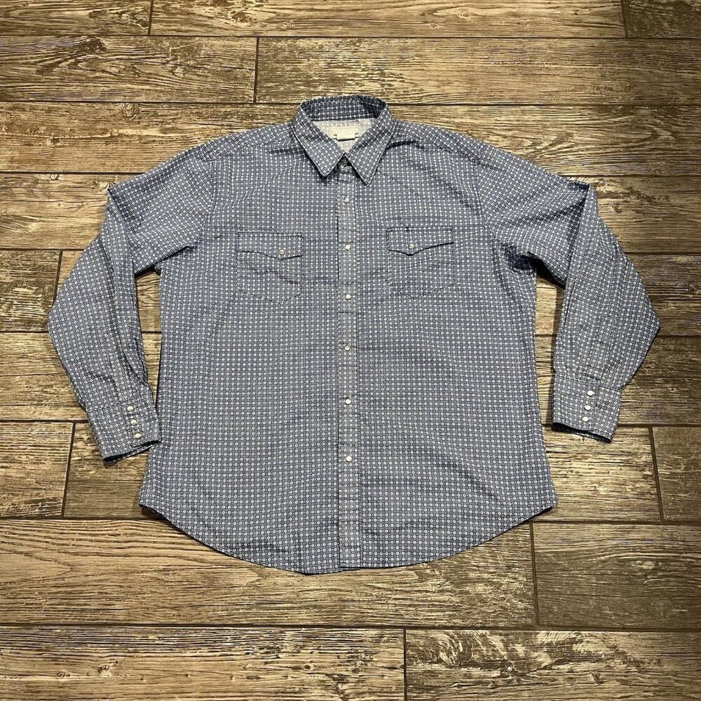 Wrangler Wrancher Pearl Snap Long Sleeve Blue Shirt Mens XL‎ Geometric